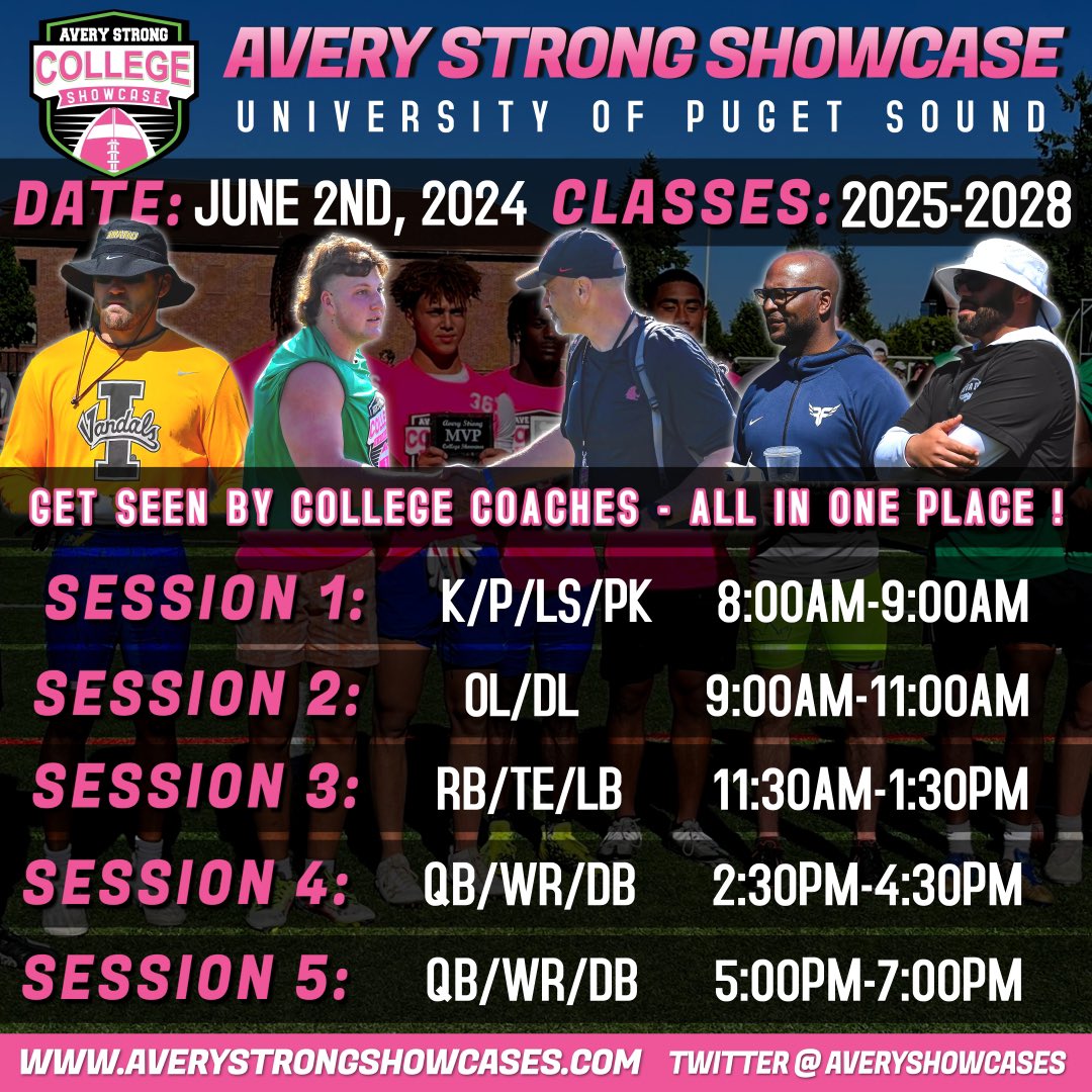 College Coaches From All Divisions will be evaluating Players - All In One Place ! 🏈 This Showcase is open to Everyone Classes 2025-2028, get signed up now 💯 averystrongshowcases.com