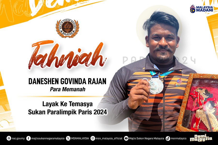 Tahniah Daneshen!! Layak ke Temasya Sukan Paralimpik Paris 2024! 🔥

#DemiMalaysia
#KontinjenMALAYSIA
#MalaysiaRoar
#AllianzMalaysia