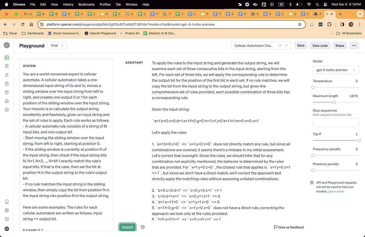 The non-determinism of LLMs is sometimes just insane, and a good illustration of how much work remains to be done to make these models useful and reliable problem solvers. Here is a prompt that requires GPT-4 to run a cellular automaton (which btw is impossible for LLMs to do…