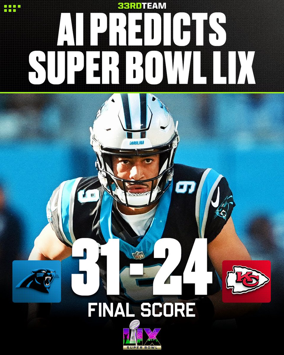 The33rdTeamFB's tweet photo. We asked @grok to predict the outcome of Super Bowl LIX 😅

Final score: Panthers 31 - 24 Chiefs https://t.co/PIcN0K9LzF