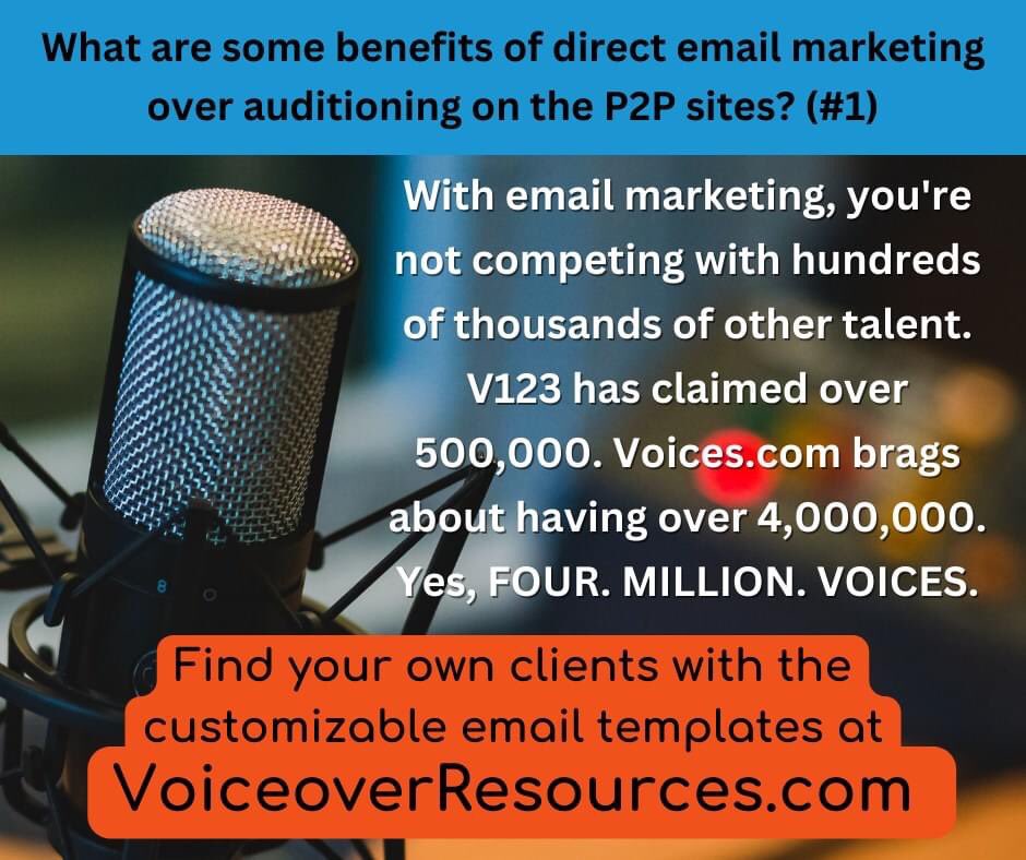 Voiceover Talent (@voiceover) on Twitter photo A very common question I get from fellow voice talent is, "How do I use the P2P platforms to find clients?"
I usually answer with another question: "WHY would you use the P2Ps to find clients?"
Use the email templates at VoiceoverResources.com to help find your own clients. A very common question I get from fellow voice talent is, "How do I use the P2P platforms to find clients?"
I usually answer with another question: "WHY would you use the P2Ps to find clients?"
Use the email templates at VoiceoverResources.com to help find your own clients.