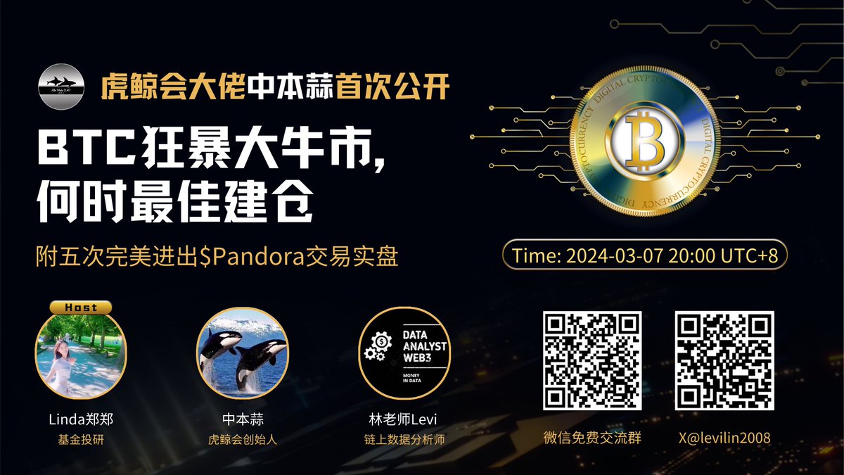levilin2008's tweet image. 🎙️#BTC 狂暴大牛市，虎鲸会双雄 🕵️‍♀️中本蒜、👨‍🎓林老师 分享最佳建仓策略

🗓️2024年 3月7日
⏰20：00 UTC+8

🌟Speaker
中本蒜，@KillerWhalesDAO 虎鲸会创始人
林老师，@levilin2008 链上数据专家

🌟Host
Linda郑郑，@linda_guagua HashGlobal基金投研

🔗