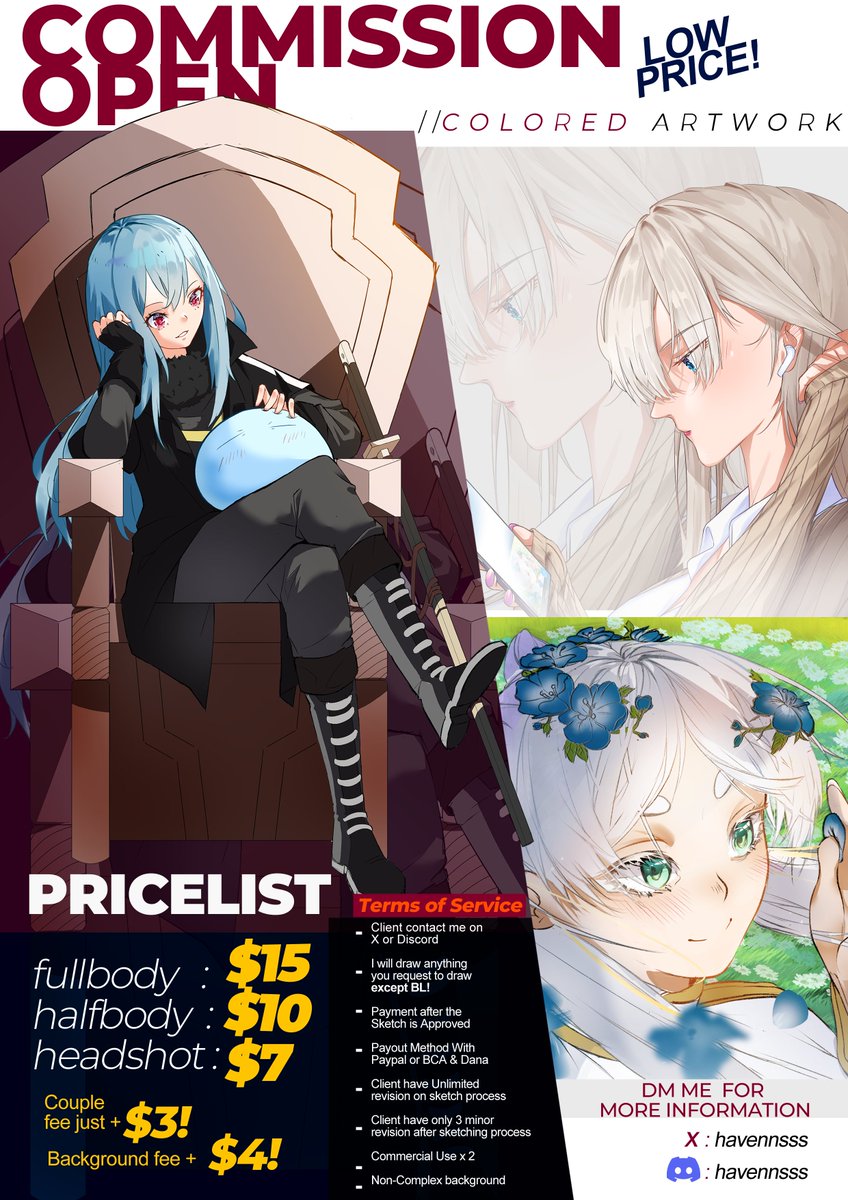 havennsss's tweet photo. [ Retweet are really appreciated!]✨

I finnaly have confidence to open up my first commisssion work ! 
here's the special offer, check it out!😊

⚠️note : these price offer are for the 8 fastest people who order❗️
#commissionsopen  #fanart #ArtCommission  #commissionTH https://t.co/TqUpJInQvg