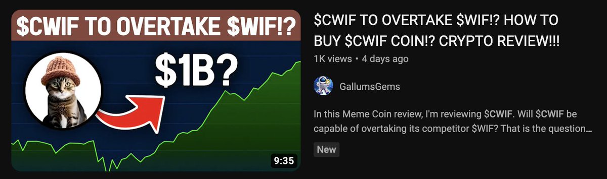 catwifhatsolana's tweet photo. It turns out crypto YT is boolish on $CWIF 🐱🎩 https://t.co/2qW4AdrjdR