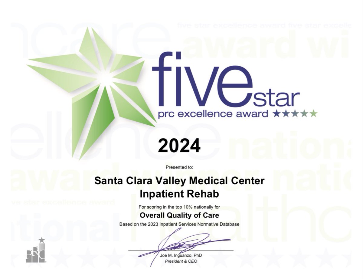 Congrats to our Rehabilitation team at Santa Clara Valley Medical Center for earning the 2024 Professional Research Consultants Five Star Excellence Award for scoring in the top 10% nationally for Overall Quality of Care for the 10th consecutive year! ⭐️⭐️⭐️⭐️⭐️ <a href="/PRCExcellence/">PRC</a>