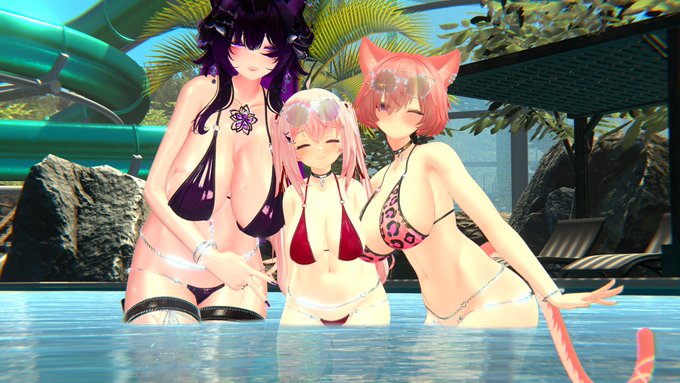 でんちゃんとSuzuNecoさんと水着で記念撮影! 