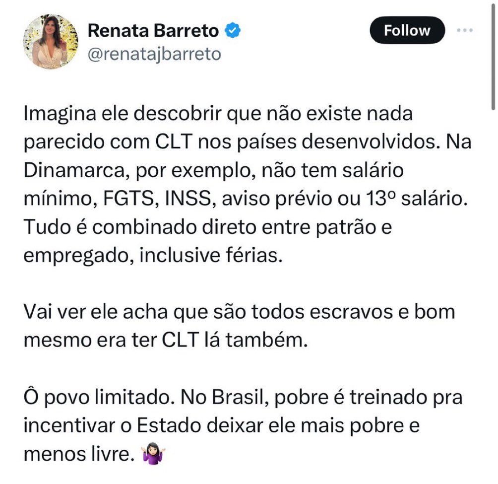 No Canadá: Salário Mínimo federal Seguro desemprego descontado do salário e empresa Licença maternidade até 18 meses paga pelo estado Contribuição previdenciária Férias Minino de 2 semanas ( ÚTEIS) Sério como q dá ouvido pra uma mulher dessas