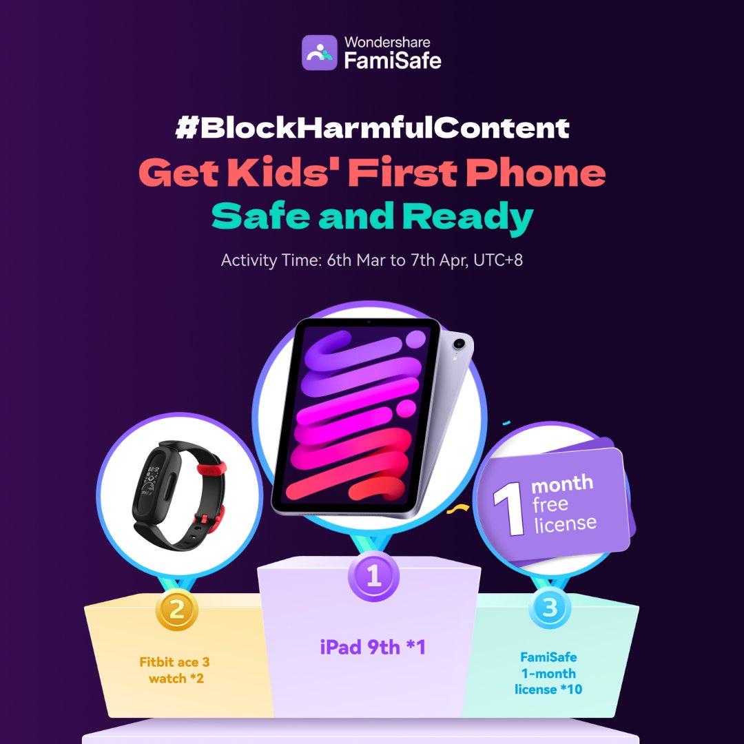 famisafe's tweet photo. 📱 Wondering when is the right time to get your child their first phone? Join Wondershare FamiSafe's campaign focusing on kids' first phones! 
🏆 Prize
🥇iPad 9th
🥈Fitbit Ace 3
🥉FamiSafe Monthly licenses!
Check out the link in the bio to join!
#famisafe #blockharmfulcontent https://t.co/BfuAzLVGIe