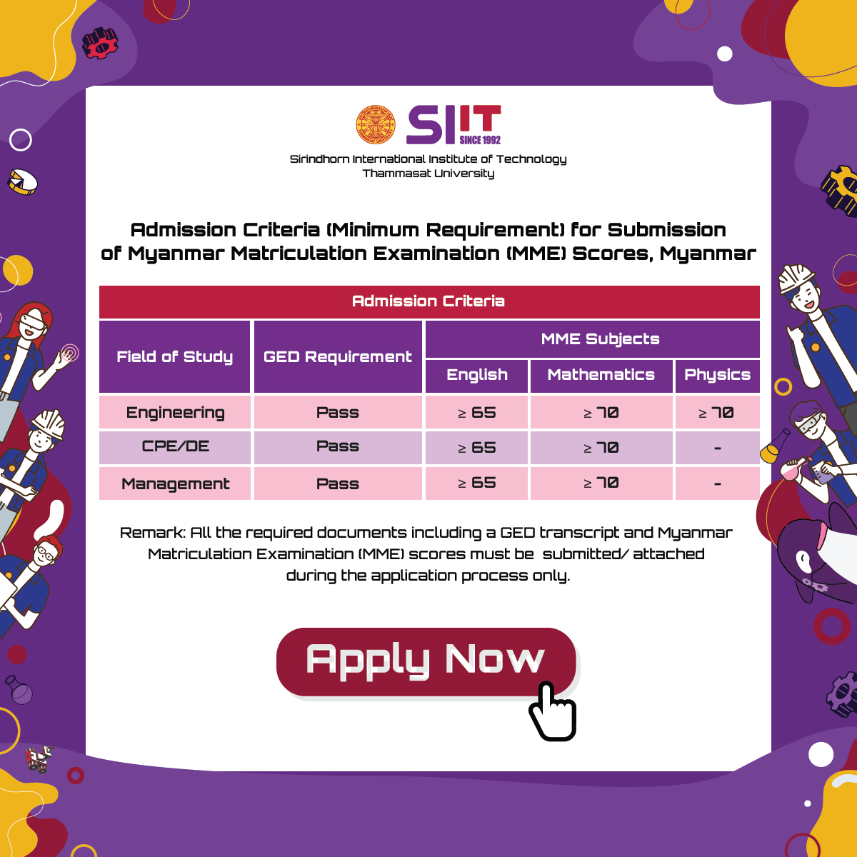 Admission Criteria (Minimum Requirement) for Submission of Myanmar Matriculation Examination (MME) Scores, Myanmar

Apply Now: admissions.siit.tu.ac.th

#MME #Myanmar #SIIT #SIITTU #TU #Thammasat #University