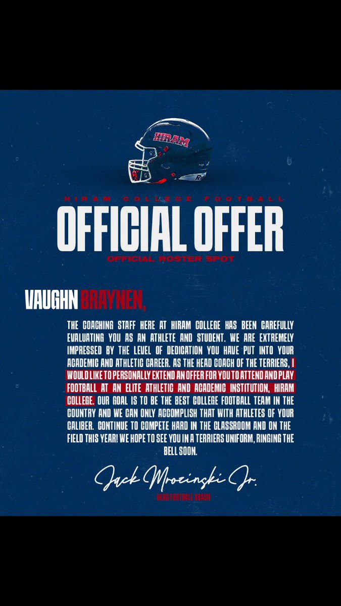 Blessed to receive my eighth offer from Hiram College🔵🔴<a href="/Coach_Mro/">Coach Mro</a> <a href="/Coach_Niles/">Tanner Niles</a> <a href="/CoachLSeymour/">Lucius Seymour</a> <a href="/Coachrobnichols/">Robert Nichols</a> <a href="/LakeWorthFBall/">Lake Worth Trojans Football</a> #AGTG