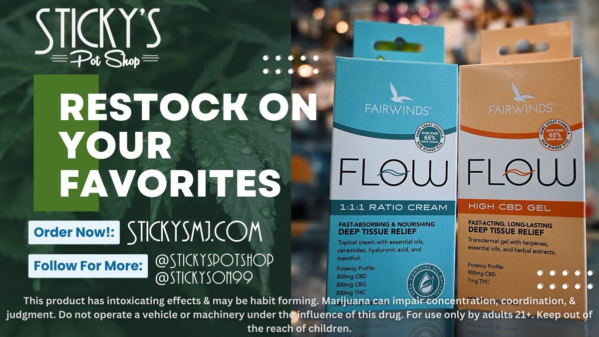 stickyspotshop's tweet image. FLOW Cream are back! @Fairwindscanna Flow 1:1:1 Ratio Creams and High CBD Ratio Creams are now in stock at Sticky's Pot Shop. 
Elevate your self-care routine today! 💚
Order Now at stickysmj.com 
 #StickyPotShop #Fairwinds #Restock #CBD #FLOWCream #Topicals #Creams