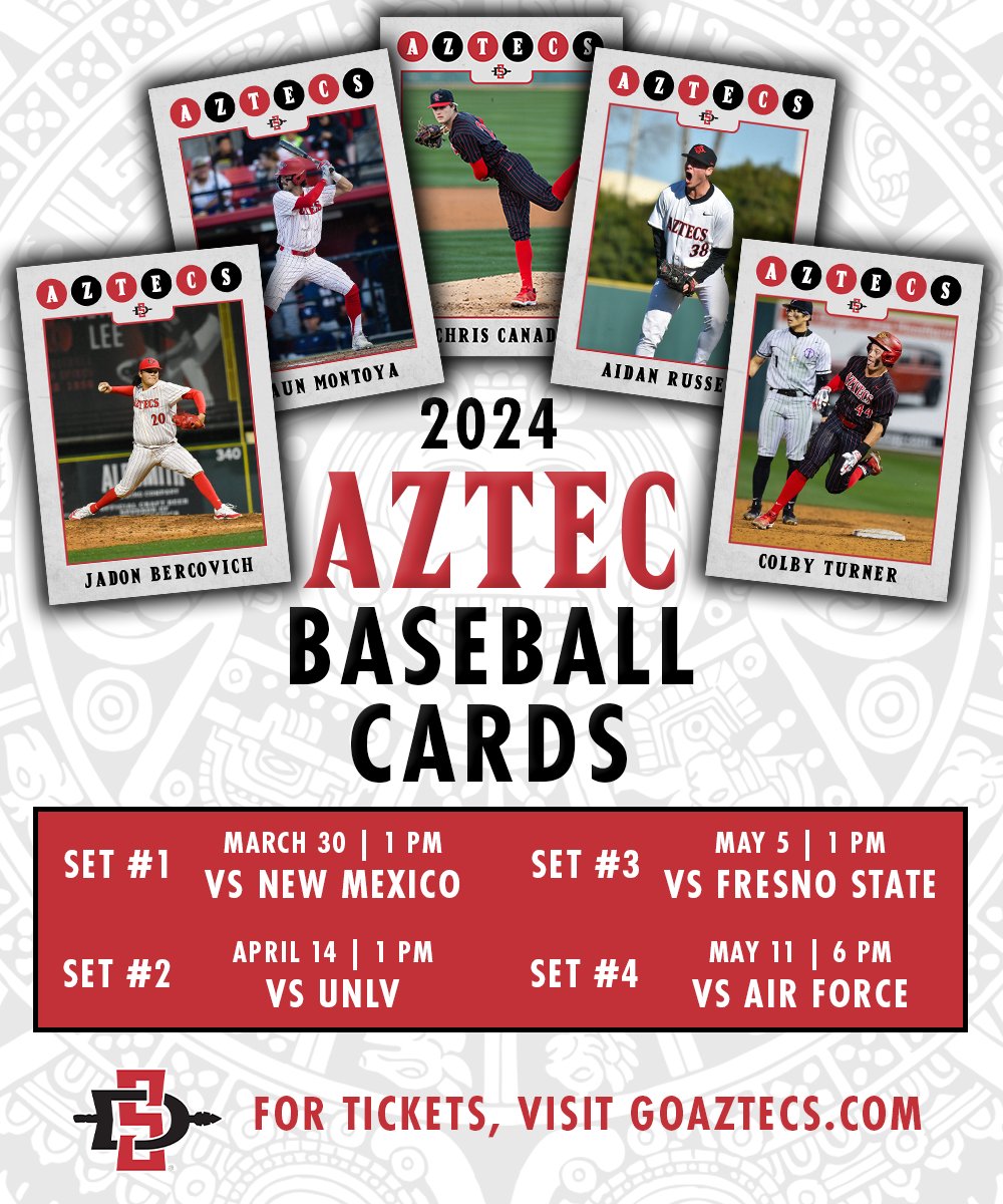 Looking to add our 2024 Aztec Baseball card set to your collection? This year’s set will be distributed across 4⃣ different home games, so you won’t want to miss out. Make sure to be one of the first fans to visit Tony Gwynn Stadium on these dates to collect them all! #GoAztecs