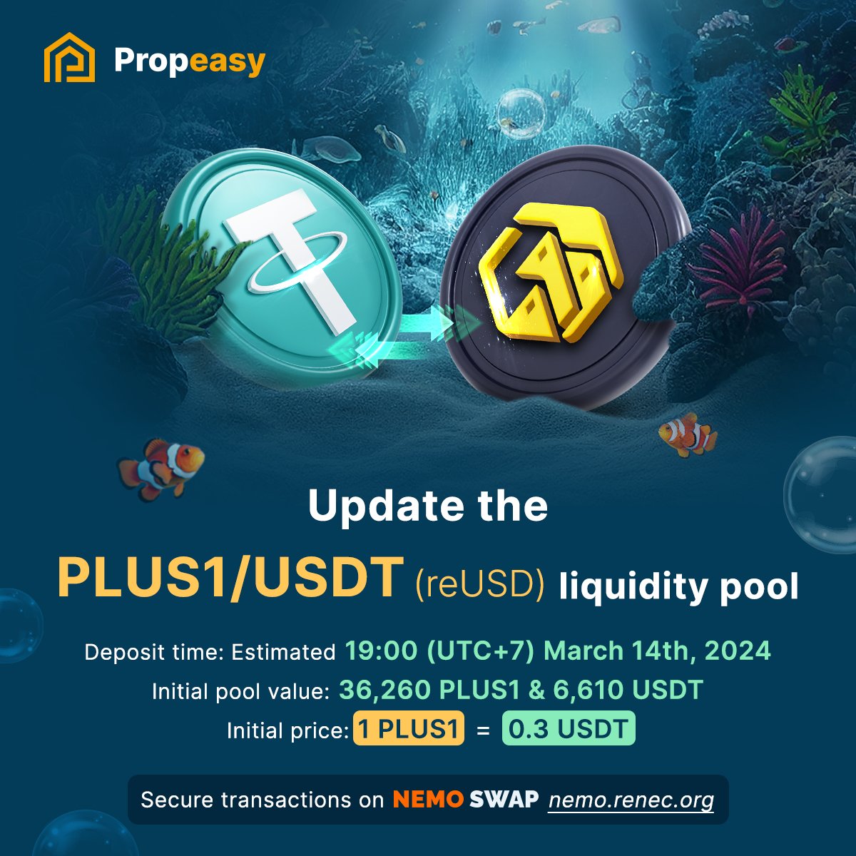 📢 Scheduled for 19:00 on March 14, 2024 (UTC+7), Propeasy will add the PLUS1/USDT liquidity pool at nemo.renec.org 📈 With the liquidity pool, you can trade PLUS1 24/7! Make informed decisions and maximize your PLUS1 potential 💰 #Propeasy #NemoSwap #PLUS1Liquidity