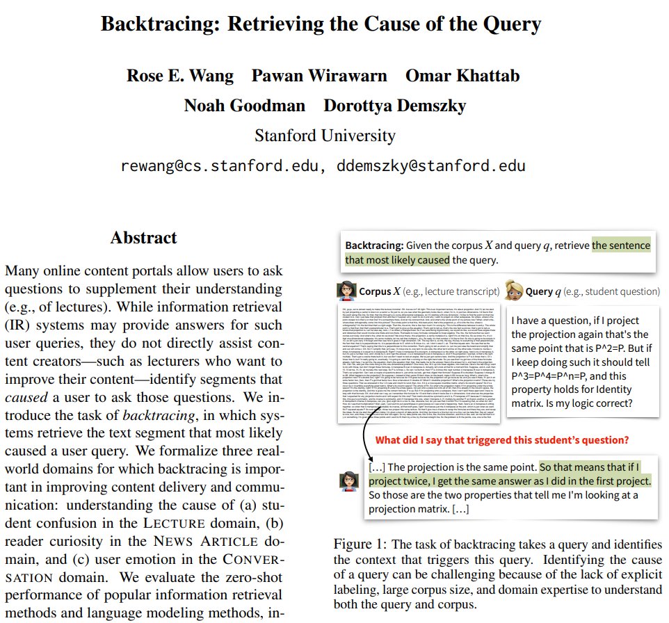 arankomatsuzaki's tweet photo. Backtracing: Retrieving the Cause of the Query

- Proposes a new task called backtracing where the goal is to retrieve the cause of the query from a corpus
- Shows limitations in current retrieval methods for performing backtracing

repo: https://t.co/ODgAB2zhA9
abs: https://t.co/EHj4waR8ZT