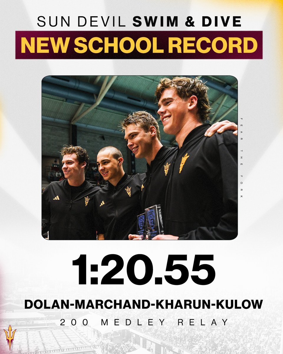 Through one event for the Sun Devil men at the Pac-12 Championships, here's what they've done:
- Became back-to-back Pac-12 champions in the 200 medley relay
- Broke the school record
- Broke the meet record
- Broke the NCAA record

AND we got more event tonight! 👀

#ForksUp ///