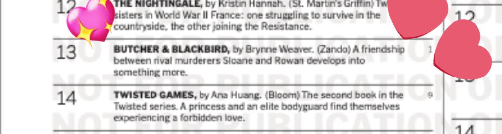 hav_lev's tweet photo. Thrilled to say that BUTCHER &amp; BLACKBIRD is a certified New York Times bestseller! Congratulations to author @brynne_weaver!!! 🥂 https://t.co/4ybWb6eBMQ