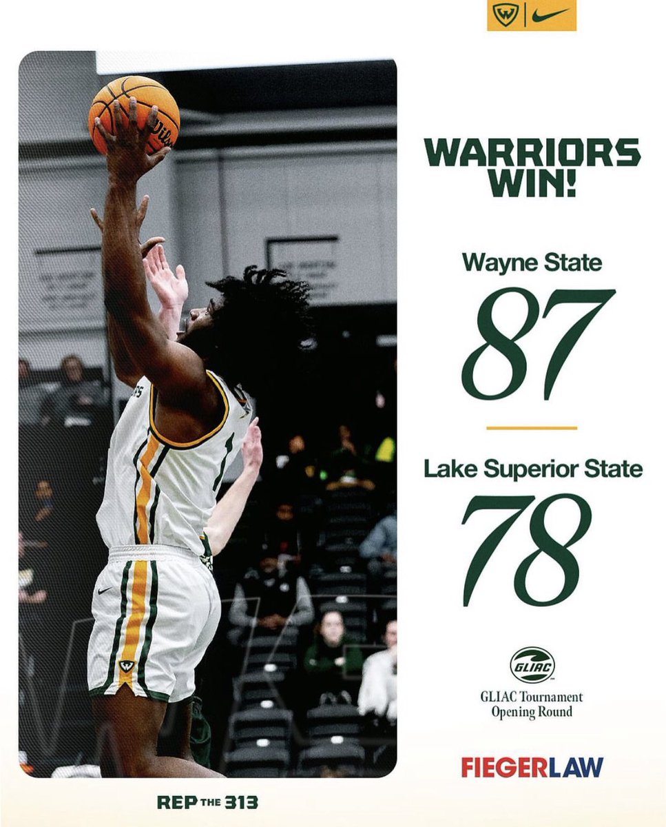 ‼️WARRIORS WIN‼️ Wayne St. wins and advances to the semifinals of the GLIAC Tournament! Rob Lee - 23 pts (10-10 FT), 7 reb Colin Golson - 22 pts (9-12 fg) (3-3 3fg), 8 reb Carmelo Harris - 16 pts (4-7 3fg), 6 ast Jordan Briggs - 8 pts Tamario Adley - 9 pts, 3 ast, 3 reb