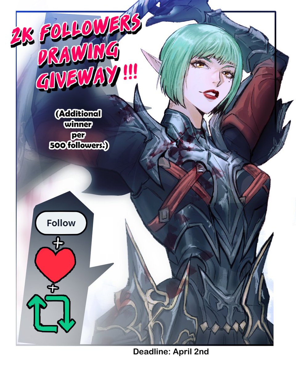 Thank you for your support!
I'm hosting a half body/full color drawing of your Wol/OC for those interested!

Rules:
💚Must be a follower of @/TexFF14 
💚 like &amp; rt
💚 Post a pic of your char 
💚 Spam/Giveaway acc or unfollowers after raffle will be blocked.