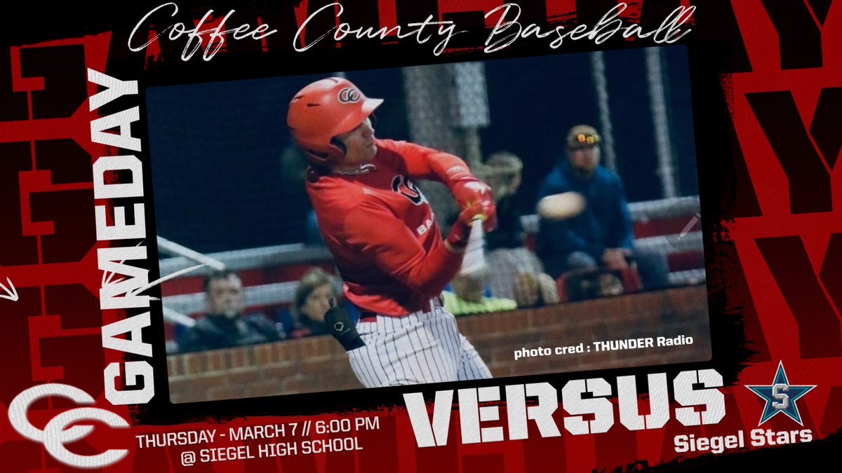 <a href="/c_h_s_baseball/">Coffee County CHS Baseball</a> travels to Siegel Thursday to take on the Stars!  Good luck to the boys and take that trip to Murfreesboro to show your support!  #redraidernation