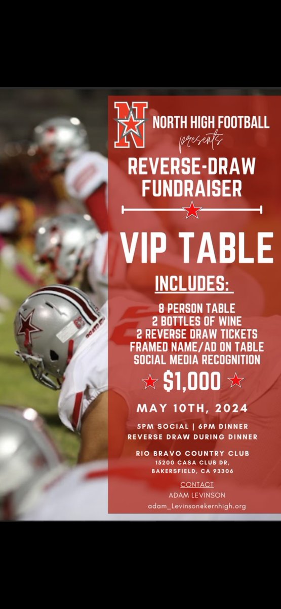 NHSFootball08's tweet photo. Have a business you want to advertise while also enjoying a fun night full of good food, great prizes, and even better company? We got you covered! Reserve a VIP table today and join us May 10th for our Annual Reverse-Draw Dinner 🔴⭐️⚪️ https://t.co/A7ESGXvID1