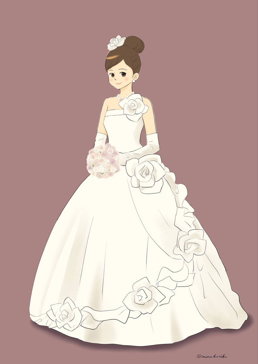 1girl solo dress flower brown hair wedding dress gloves  illustration images