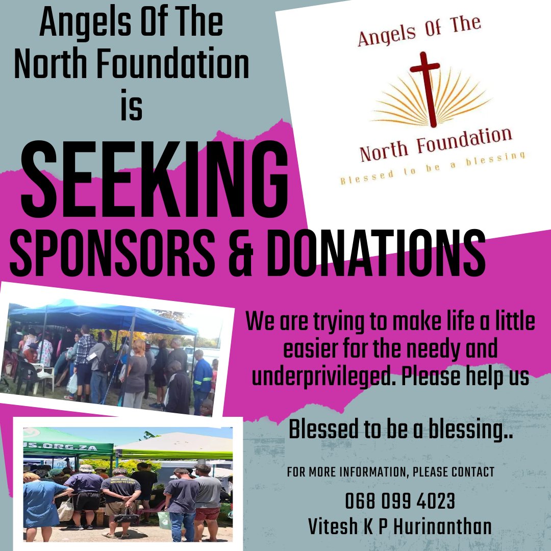 Angels Of The North Foundation is urgently seeking donations and sponsors in making our feeding project more sustainable. @DanSmit40230275 @El123V @grandi_theun @GroenewaldPJ @mmcrinamarx @SABCNews @VFPlus @Someoak1 @SakinaKamwendo