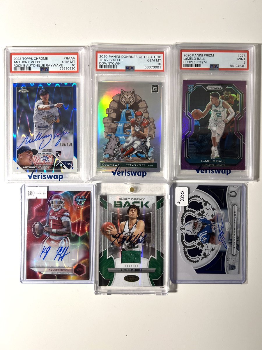 #NOHOLDSALE🐻 

Volpe Blue Raywave /150 PSA 10 $550

Downtown Kelce PSA 10 $700

Purple LaMelo Prizm Rookie /99 $300

KJ Jefferson Best Auto /5 $50

McHale Parish Dual Game Worn Patch Auto /5 $450

Jonathan Taylor Crown Royale Rookie Auto /35 $70

RTs &amp; Tags Greatly Appreciated!