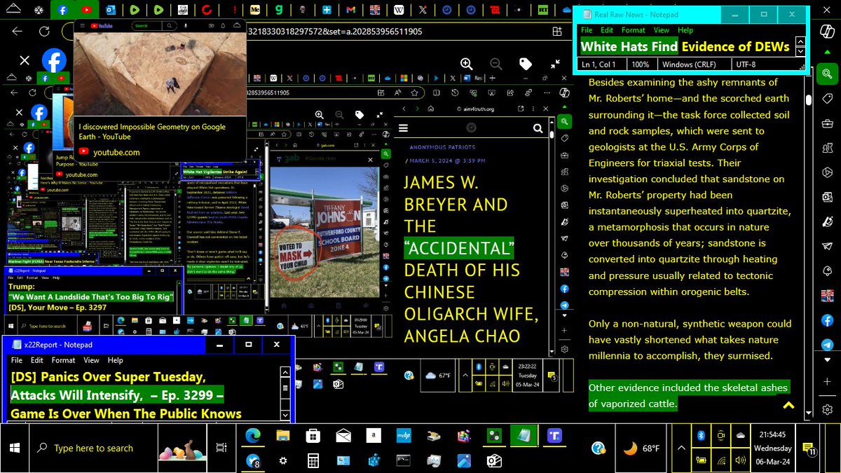 BlackHouseGov's tweet photo. ▲#Wed6Mar24𝕏⇒#α▼#Agent777 #Agenda47 #USSF 📐#Origin #San_Francisco♥#BlackHouseGov #WTPN #5GUW #Zeroth_Law #VT_INTEL 👽 #IFB ♥ #Free_Energy #Judy_Note #WH_Intel:⇒ #geology » I discovered Impossible #Geometry on Google Earth » Viewing the path of the October 2023 Solar Eclipse on Google Earth led me down a series of events, resulting in the discovery of seemingly impossible Geometric shapes and evidence of an ancient civilization living among them. 

I was puzzled by these objects, and I had many questions about them. So, I drove to the top of this remote cliff to look at them. 

I found many things here that defy explanation. One of which turned out to be much stranger than I could have imagined. 

What conclusions do you think these objects point to? Do you take this as confirmation of intelligent design? Evidence of a very specific series of geologic and erosional processes? Or perhaps, we are living in a video game (Minecraft or Roblox?) 

Thanks for watching this video, and if anyone has any sort of expertise that can help me make sense of what I found towards the end of the video, how these earth blocks were formed, or the questions I posed I would love to hear from you in the comments. 

If you enjoyed this video - please subscribe to The_POV_Channel and stay tuned for a lot more like this! 

********* Yep. I am officially terrible at numbers. Turns out sandstone is much much heavier than 12.5 lbs. / cubic foot. In fact, it is much closer to ~150 lbs. / cubic feet. Multiply every weight I mention in this video times 12 for a much more accurate number. ******

{Ancient Masons Playing with Lasers?}
https://t.co/bvAxXWJ4g4?
===================

▬ https://t.co/psu4H8ZvNq ▬

===================
▬ https://t.co/pitkxZndoR ▬
===================
▬ https://t.co/hz8xunipX6 ▬

Ep 3299a – Germany’s Economy Is Paralyzed, Fed/Biden Strategy Will Fail, Right On Schedule

»»Germany’s economy is paralyzed; the green new scam has destroyed the economy and in the end the People will fight back. They are pushing the green new scam very hard because the People are rejecting it. Fed sets the stage, rate cut in summer. 

Ep 3299b – [DS] Panics Over Super Tuesday, Attacks Will Intensify, Game Is Over When The Public Knows

»» The [DS] is panicking, Trump owned Super Tuesday, the [DS] was hoping to stop Trump before he became the nominee, now they will increase the attacks. As the People learn more and the people wake up the [DS] is having a very difficult time controlling the narrative and how People vote. As the economy crashes and the US is on the verge of war the People will know and once the public knows it is game over. Nothing can stop this, nothing.

+++++++

Ep 3298a – Green Agenda Is Done, Fed Waiting To Strike, Fail It Will, Shift Coming

»»The green new scam is completely falling apart. The sales of EVs are dropping and car rental services, manufacturers are in trouble. Biden is planning to sell Northeast gas reserves. Fed waiting to strike, Trump will usher in a new economy. 

Ep 3298b – Garland Panics Over Voter Id, Social Media Outages, Defend And Protect At All Costs

»»The [DS] is panicking, their plans have not worked so they will now ramp them up. They will push to the very end. They are preparing a communication blackout. Meta, Instagram and other social media platforms have had login problems. Garland is now trying to convince the people that voter id is not necessary. Cheating plans in place. Patriots are ready, they have brought the [DS] to exactly where they want them. The real military will defend and protect at all costs.

▬ @realx22report ▬
===============
#Judy_Note: A Tues. 5 March 2024 Letter from President Trump: “To those people who are found on our “FBI Special Project Most Wanted List”: The world doesn’t care how important you were politicians, Crown Princes, business leaders, and others, if you are on the list your efforts to engage in criminal acts have now been discovered by intelligence agents and police, who have searched the data-backup of the internet to uncover crimes against humanity. For this, you will pay the following price: I hearby request all men and women on that list to surrender to your nearest law enforcement agency (wherever you are) at which time extradition documents will be forwarded to that police agency and you will be transported to the United States America where will receive a fair trial. Any delays in this procedure caused by the need to correct defects in our justice system are not our concern. Failure to report for arrest within the next 24 hours will result your name being added to an Executive Order, under which I will instruct police to track you down and execute you where you sleep. There will be no exceptions. May God bless the people of this world and may God Bless America." Donald J. Trump https://t.co/1LaRMQz56s

· Dr. Puts American Medical Association on Notice: Grapheme Oxide (GO) found in Covid-19 Vaccines, Masks, PCR Tests, foods and Part of Chem Trails Spray has been discovered to be an instigator of serious illnesses and death. The Vaccinated will die of Turbo Cancer, 585 million killed or injured already with massive harm to pregnant women.

· Wed. 6 March is a six-year Delta! Lots of social media down today Tues. 5 March. No coincidences! Stage is set! Ready for arrests! Lots of elections today. Lots of military up. Space Force watching everything! Inbound lots of local arrests! …Tironienae on Telegram Tues. 5 March

· Tues. 5 March: Twitter, YouTube, Google services, WhatsApp, TikTok and other popular services are recording outages all over the world. In the Red Sea, 4 out of 15 submarine cables providing global Internet and telecommunications are critically damaged, – HGC Global Communications. Crypto World is responding to this news, and it could also impact crypto exchanges. Be cautious with your positions.

· The World was now functioning under the Q Movement’s Global Military Alliance Martial Law.

· The Alliance was taking down Satan worshipping Cabal-owned State Street, Vanguard and Blackrock, which owned 88% of the S&P 500 companies.

· Mass Arrests of over five million Cabal Global Elite Satan Worshippers have begun.

· Banks were collapsing worldwide, taking your money with them. Bank Runs have begun, as has the Global Currency Reset.

· Tues. 5 March What If? Deep Cyber Attack & Global Grid Breakdown, Gregg Branden: Gregg Braden - What If?... Deep Cyber Attack & Global Grid Breakdown (https://t.co/8HTLqhnAOh)

· The Cabal’s Grapheme Oxide (GO) has been found in Covid-19 Vaccines, masks and PCR Tests. GO creates thromboses, causes blood clots, disrupts the immune system, can trigger a cytokine storm, can instigate pneumonia, causes inflammation of the mucous membranes, produces a loss in the sense of taste and smell, blocks detoxification in the body by blocking glutathione and may be activated by 5G frequencies.

· Over the last decade since the Cabal’s US Inc.’s CIA helped German Nazis take over Ukraine, the country has been the center of US sponsored illegal Bio-weapon labs, Child Sex and Human Trafficking and has been a major asset for the CIA to spy on Russia.

· None of the above has been reported by the Cabal-owned Mainstream Media even though all were major threats to our very existence.

If you were reading this Update on, or from Operation Disclosure Official, be aware that the information has been redacted. For a complete un-redacted version, see a PDF copy at the end of the Update on Operation Disclosure Official, or read an un-redacted version on the Rumor Mill Website.
================
∞ Blessings² ∞φ†