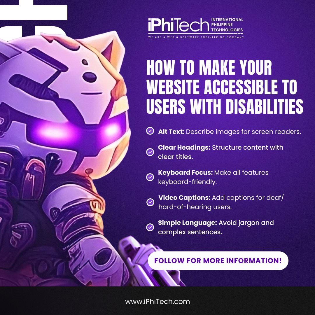 iPhiTech's tweet image. 🌎 Web accessibility matters! 🙌 Here are some tips to make your website accessible to users with disabilities.  Make the web a more inclusive place!  #iPhiTech #WebDevelopment #WebAccessibility #UserExperience #InclusiveDesign #AccessibleWeb #WebDesign