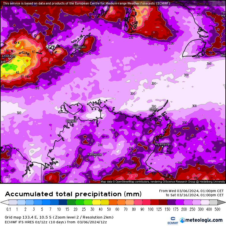 No sign of the wet season winding down in #Darwin just yet with some fairly hefty rainfall accumulations forecast over the coming week or two as monsoon flow once again becomes established over the #TopEnd 

Currently flogging down just to south of the city 🌧

#auwx #ntwx