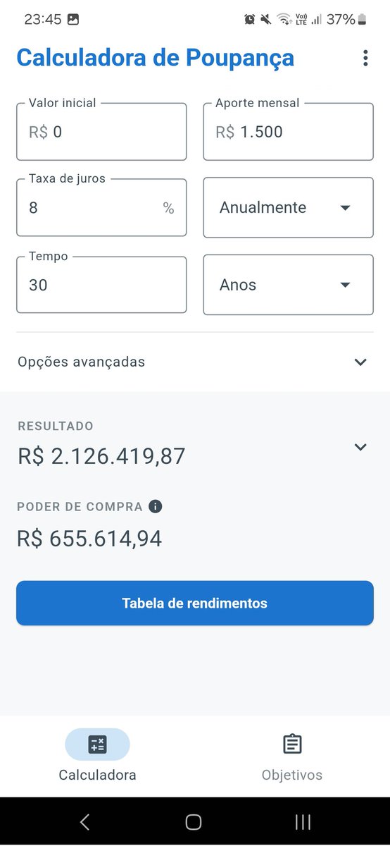 iacovelli92's tweet photo. Preparando uma atualização grande pro meu app que calcula juros compostos com aportes mensais.

Vou mudar todo o esquema de cores, adicionar dark mode e objetivos.

Além disso na última atualização coloquei o valor do poder de compra. Tô bem animado com ele de novo. https://t.co/iwFjDzrlNV
