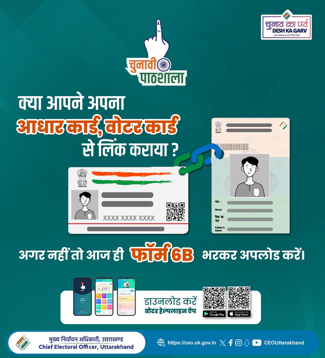 UttarakhandCEO's tweet photo. अपना वोटर आईडी कार्ड आधार से लिंक करें, स्मार्ट वोटर बनें।
डाउनलोड करें वोटर हेल्पलाइन ऐप
https://t.co/cfwqnSfGpP
#electionhelpline
#uttarakhandvotingdate
#Loksabhaelectiondates2024 https://t.co/IV6gUICCa0