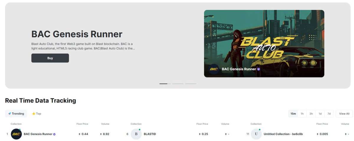 Mint is live! 🎉

We are now the top 1 trending collection on Element Marketplace! 🌟

Spot BAC Genesis Runner on the banner! 🏎

Trading Site: element.market/collections/ba…