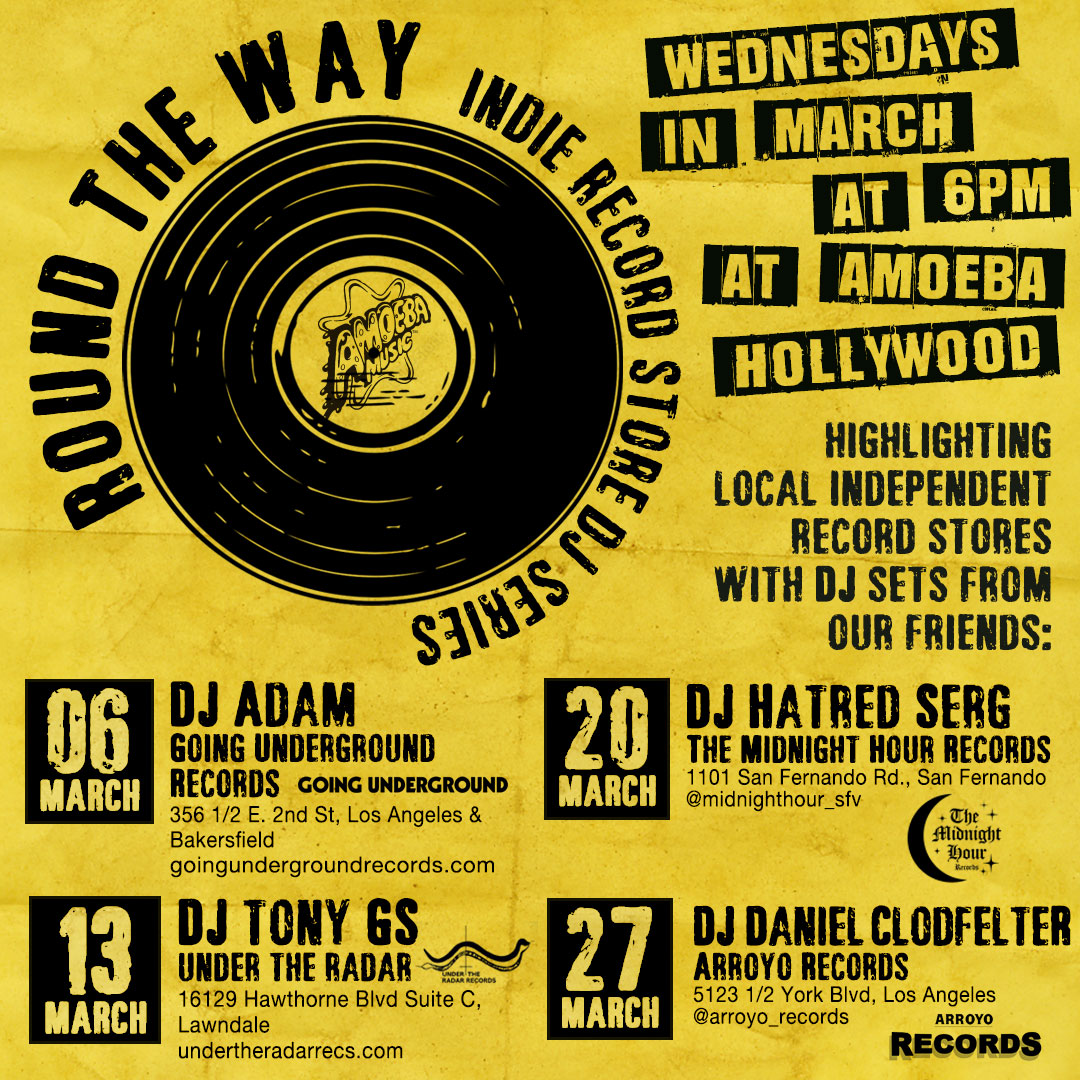 DJ Adam from @gu_records spun a great, all 45s set at Amoeba Hollywood today! 'Round The Way continues next Wednesday, March 13th with DJ Tony GS from Under The Radar Records! Audio support generously provided by @aiaiaitweet.