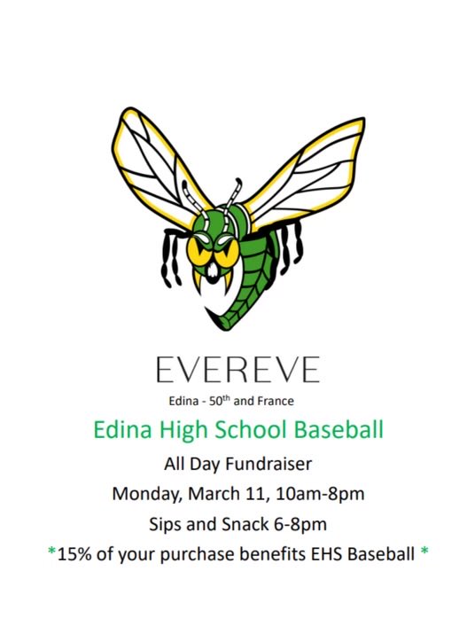 EHSBaseball9's tweet photo. Hey baseball fans, the season is right around the corner! 
  
Come support Edina High School Baseball on Monday at Evereve (50th and France).
15% of sales will go back to our teams. Go Hornets!! https://t.co/LOgrL1bXWU
