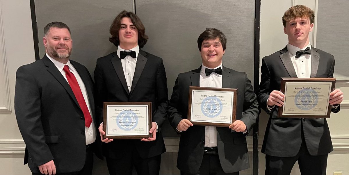 Three Cheatham County senior football players were honored tonight by the @NFFofMiddleTN! Patrick Kelly of Cheatham County Central High School, Eason Sewell of Harpeth High School and Brandon Pennington of Sycamore High School received Scholar Athlete Awards. Congrats! #ccsdtn