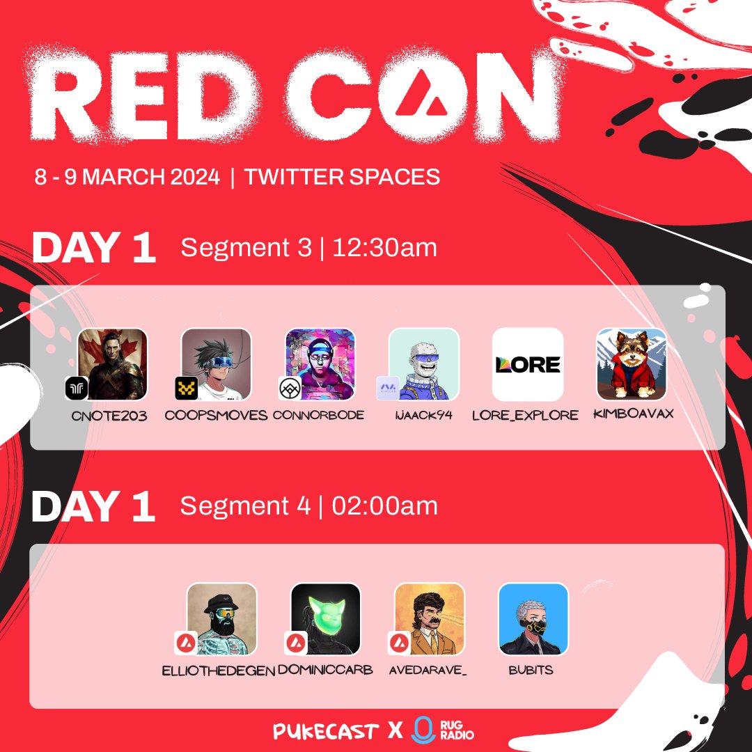 Pukecast (@pukecast) on Twitter photo 🔺Segment 3: Builders Assemble!
Speakers:
<a href="/Cnote203/">D2hander🔺</a> <a href="/coopsmoves/">integrated coops</a> <a href="/connorbode/">coconaut.avax ∀</a> <a href="/ijaack94/">jaack 🔺</a> <a href="/Lore_Explore/">Lore</a> <a href="/KimboAvax/">Kimbo</a>
🔺Segment 4: WTF is <a href="/avax/">Avalanche🔺</a>
Speakers:
@elliothedegen <a href="/DominicCarb/">Dominic Carbonaro 🔺🐔</a> @avedarave_ <a href="/bubits_/">bubits</a> 🔺Segment 3: Builders Assemble!
Speakers:
<a href="/Cnote203/">D2hander🔺</a> <a href="/coopsmoves/">integrated coops</a> <a href="/connorbode/">coconaut.avax ∀</a> <a href="/ijaack94/">jaack 🔺</a> <a href="/Lore_Explore/">Lore</a> <a href="/KimboAvax/">Kimbo</a>
🔺Segment 4: WTF is <a href="/avax/">Avalanche🔺</a>
Speakers:
@elliothedegen <a href="/DominicCarb/">Dominic Carbonaro 🔺🐔</a> @avedarave_ <a href="/bubits_/">bubits</a>