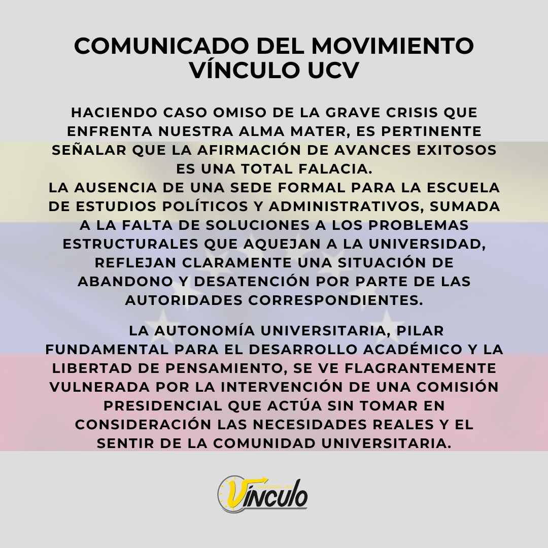 VinculoUCV's tweet photo. COMUNICADO 

La Autonomía debe respetarse y hacerse valer.  👇 https://t.co/oRQt3ghdBr