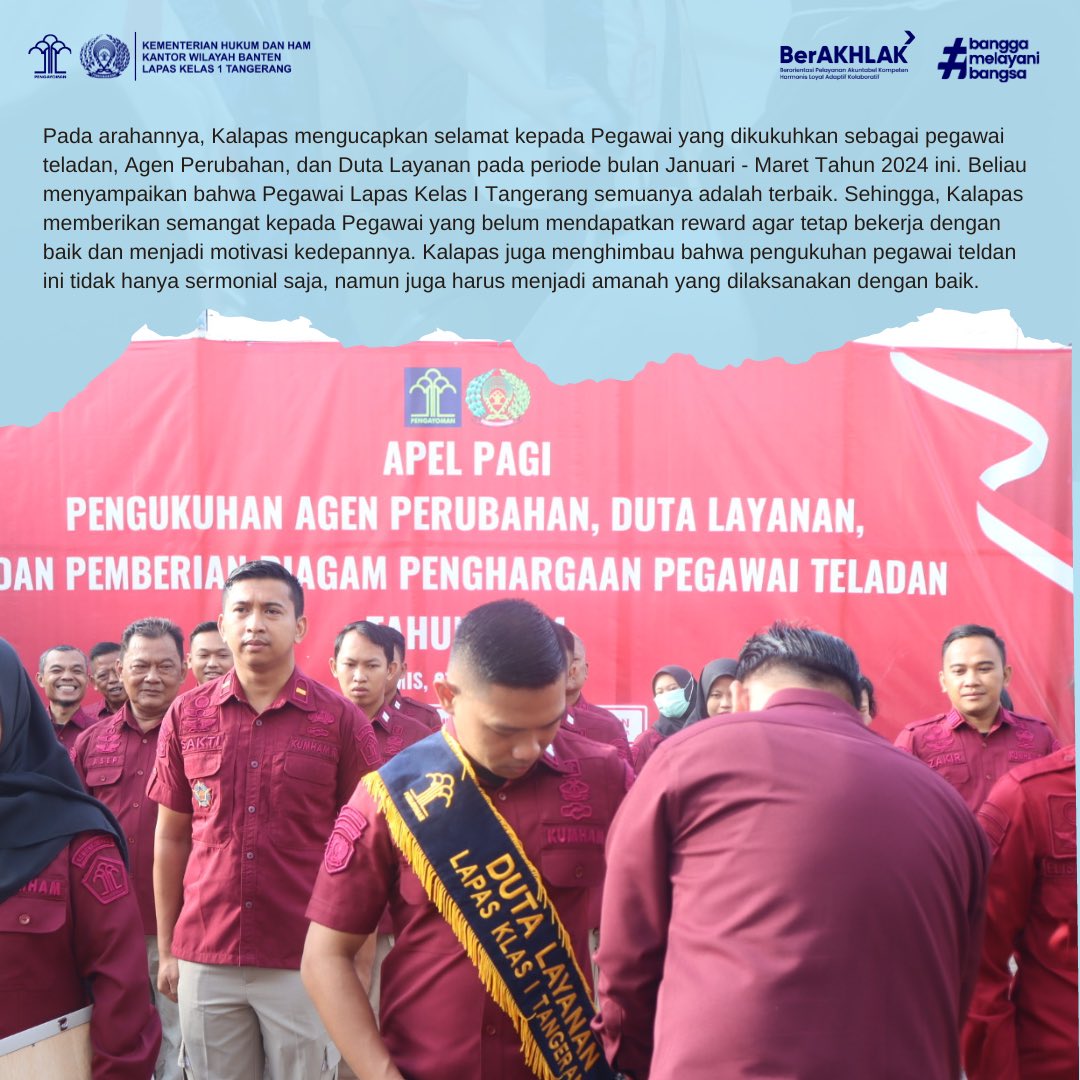 Lapastaone01's tweet photo. Hari ini Kamis (07/03) Lapas Kelas I Tangerang melaksanakan Apel pagi dan pemberian penghargaan pegawai teladan periode bulan Januari - Maret Tahun 2024 yang dimulai pada pukul 07.30 sampai dengan selesai. https://t.co/dvsJWHW5QW