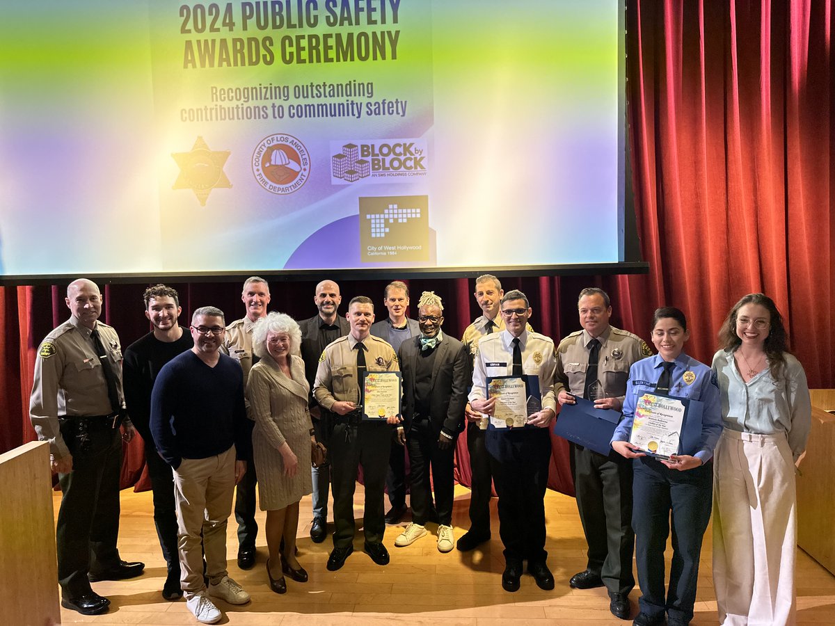 Congrats to members of our West Hollywood Station staff, @LACoFDPIO, and Block & Block honored at the 2024 @WeHoCity Public Safety Awards for exceptional service in West Hollywood, including Deputy, Detective, Special Team Deputy, Volunteer, and Professional Staff of the Year.