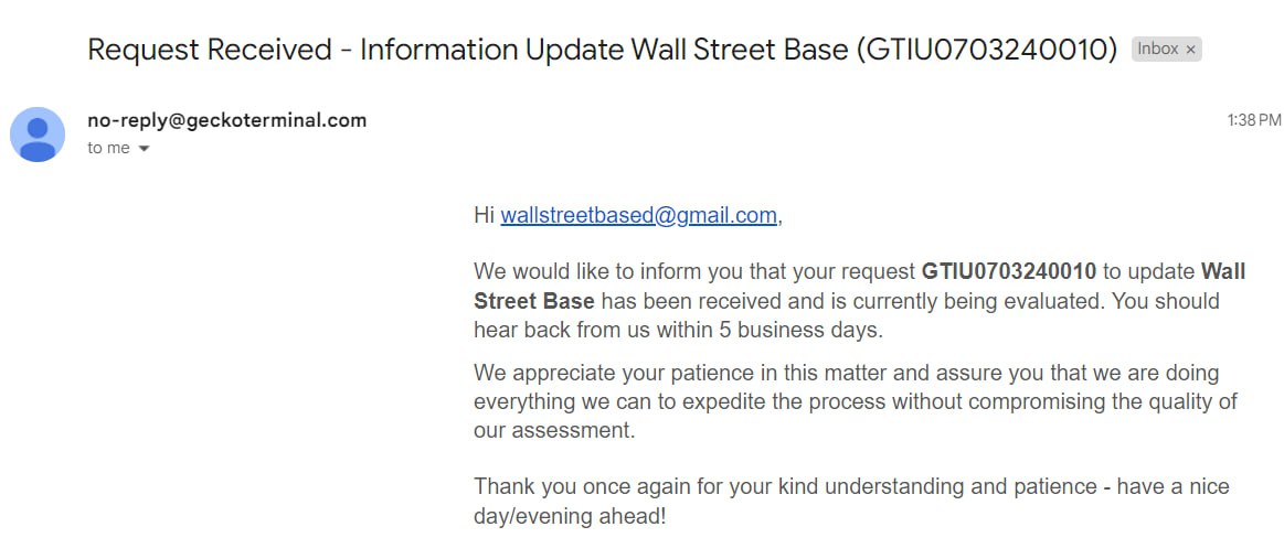 WallStreetBased's tweet image. Hi @coingecko, we would like to request to update our Geckoterminal details. Kindly see attached screenshot for your reference. Thank you.

#BuildonBase #BaseSzn #BaseGem
@jessepollak @base