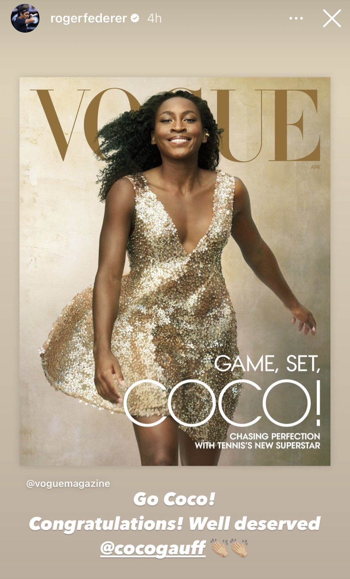 The Tennis Letter on X: Roger Federer congratulated Coco Gauff on her  first Vogue cover: “Go Coco! Congratulations! Well deserved.” 🥹   / X