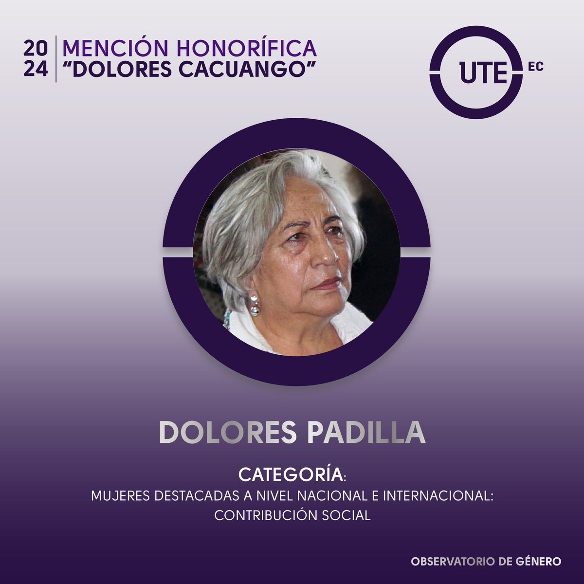 #UTEinforma I Entrega de la Mención Honorífica Dolores Cacuango UTE 2024.
🟢Categoría:
✅Contribución Social:
✔️Janeth Bonilla - Cofundadora y vicepresidenta de la Fundación KISTH.
✔️Dolores Padilla - Defensora de los derechos de las mujeres.
🗓️7 de marzo
📍Teatro UTE
📌 En vivo: