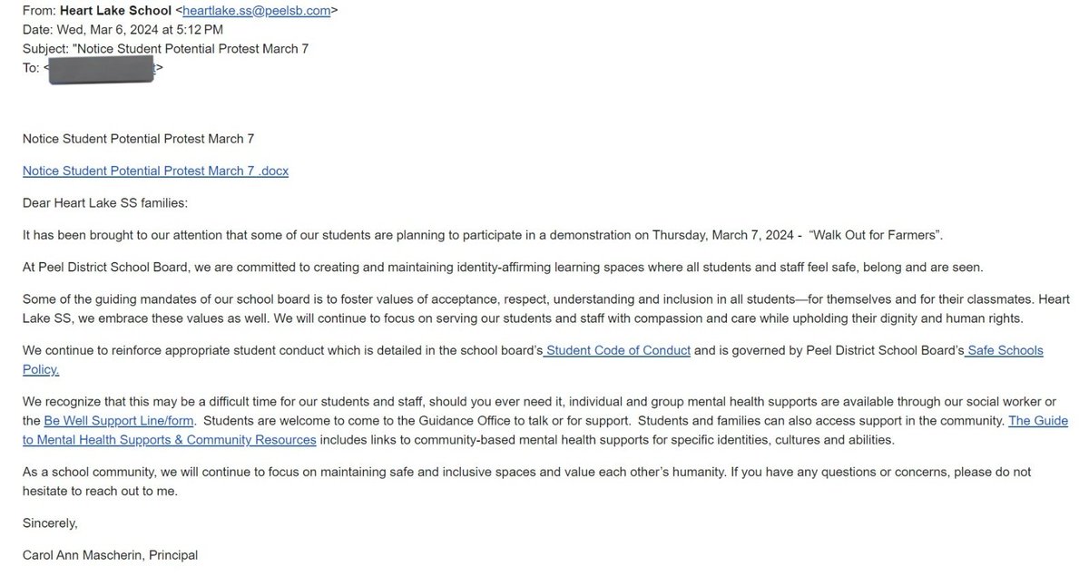 BREAKING | Heart Lake Secondary School students in Brampton are planning a "Walk Out for Farmers" protest on March 7 in support of the #FarmersProtest2024. 

Baaz has obtained a copy of an email sent by the school to the student body today sharing that "students are planning to