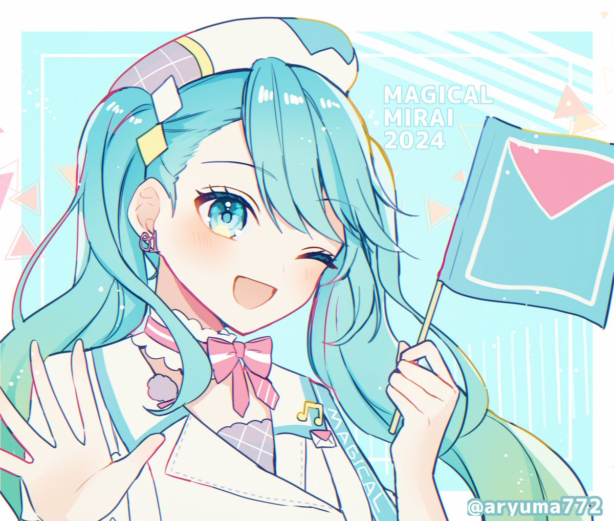 hatsune miku 1girl one eye closed solo flag twintails smile long hair  illustration images