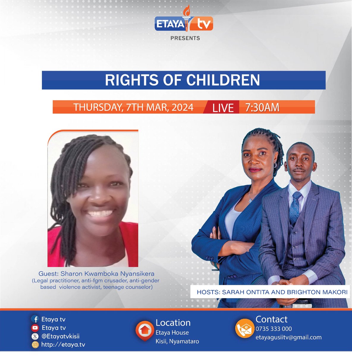 EtayaTvKisii's tweet photo. Good morning, dear viewer, today on #etayabreakfas join   Brighton Makori and Sarah Ontita in our topic RIGHTS OF CHILDREN.
#etayatv
#etayabreakfast https://t.co/0OaF5k4Tkh