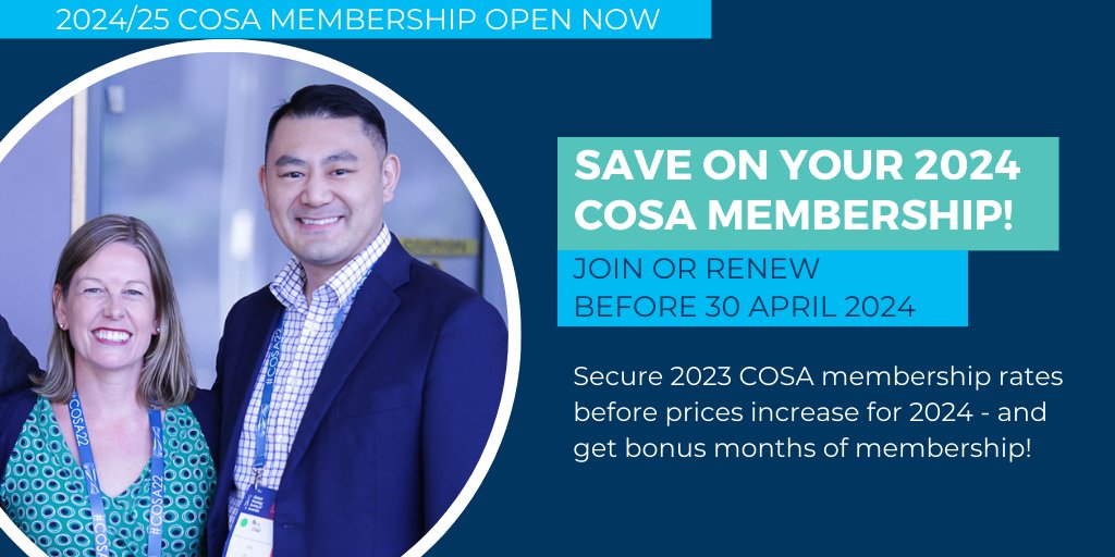 Join or renew your COSA membership before 30 April 2024 to get bonus months of membership and a saving! bit.ly/3hXsDLm