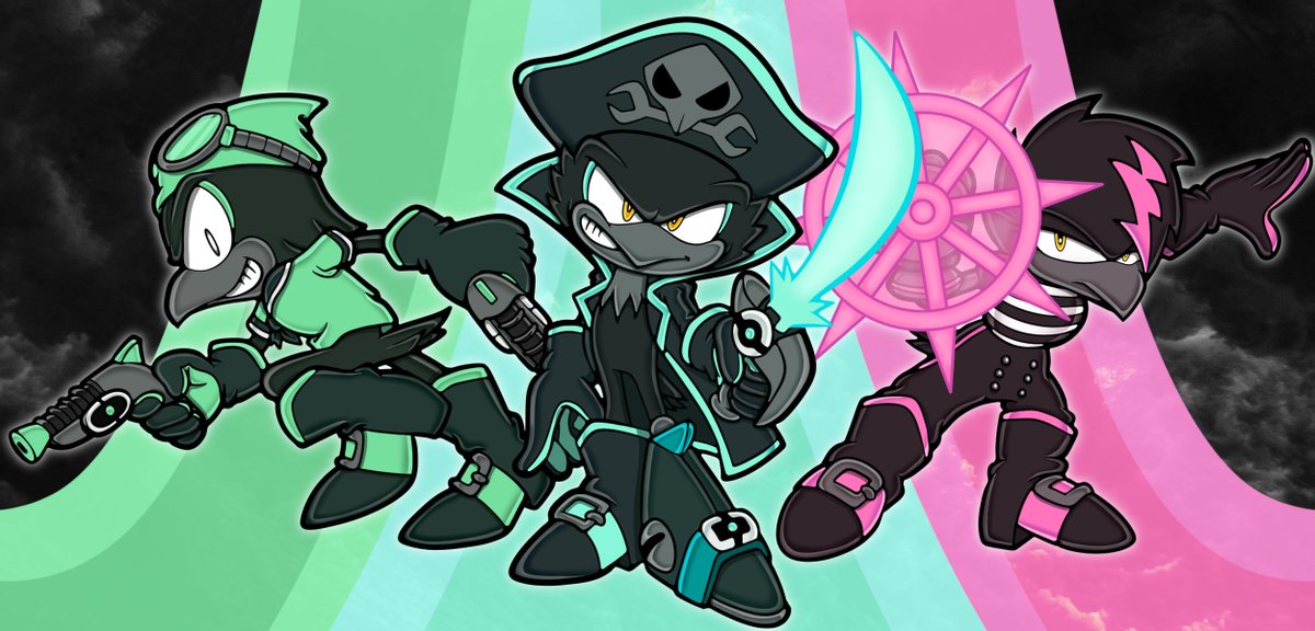 Pip9766's tweet photo. Finally finished some new OC art!
Meet me and @GasglowJones's creation the Raven Renegades!

(L2R) Louis, Jack and Zara

They're Kukku deserters with wisp-powered weapons and a piratey style.
#sonicfanart #originalcharacterart https://t.co/1CTJp1AGxD