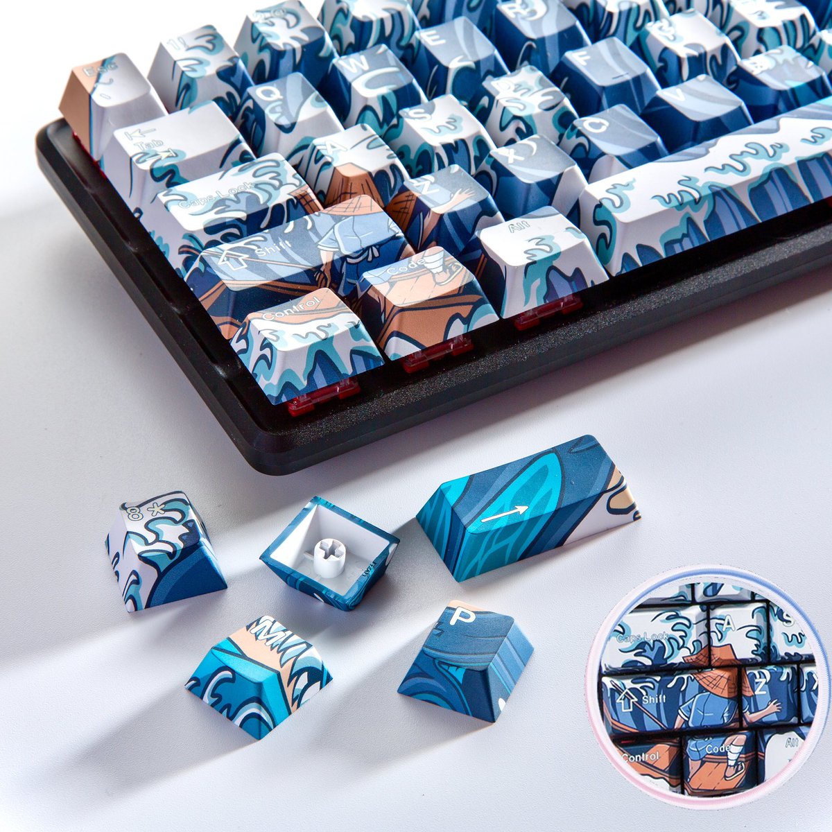 🌊Feel the surge of the waves.
💫With PBT 5 Sides Dye-Sublimation design. The color pattern is more vivid, resistant to oil stains, offering top-notch durability, and a comfortable typing experience  ˃̶͈ ꇴ ˂̶͈   
🛒a.co/d/bsc8Lgp
#gunmjo #keycaps #keyboardcables #gaming