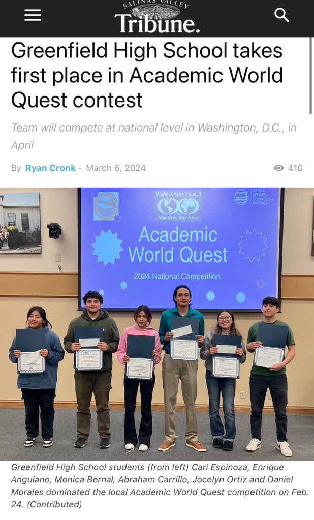 Congratulations to Greenfield High School students for their first-place win in the local Academic World Quest competition! 🌟📚 #GreenfieldPride #AcademicExcellence